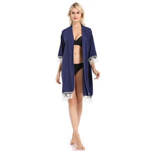 Women's Cotton Knit Kimono Robe for Lace Trim Nightwear