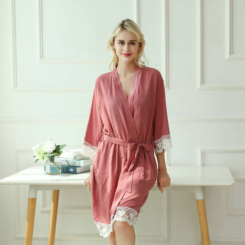 Women's Cotton Knit Kimono Robe for Lace Trim Nightwear
