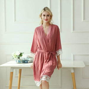 Women's Cotton Knit Kimono Robe for Lace Trim Nightwear