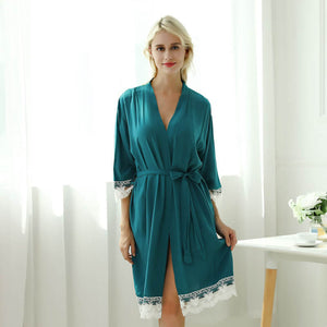Women's Cotton Knit Kimono Robe for Lace Trim Nightwear